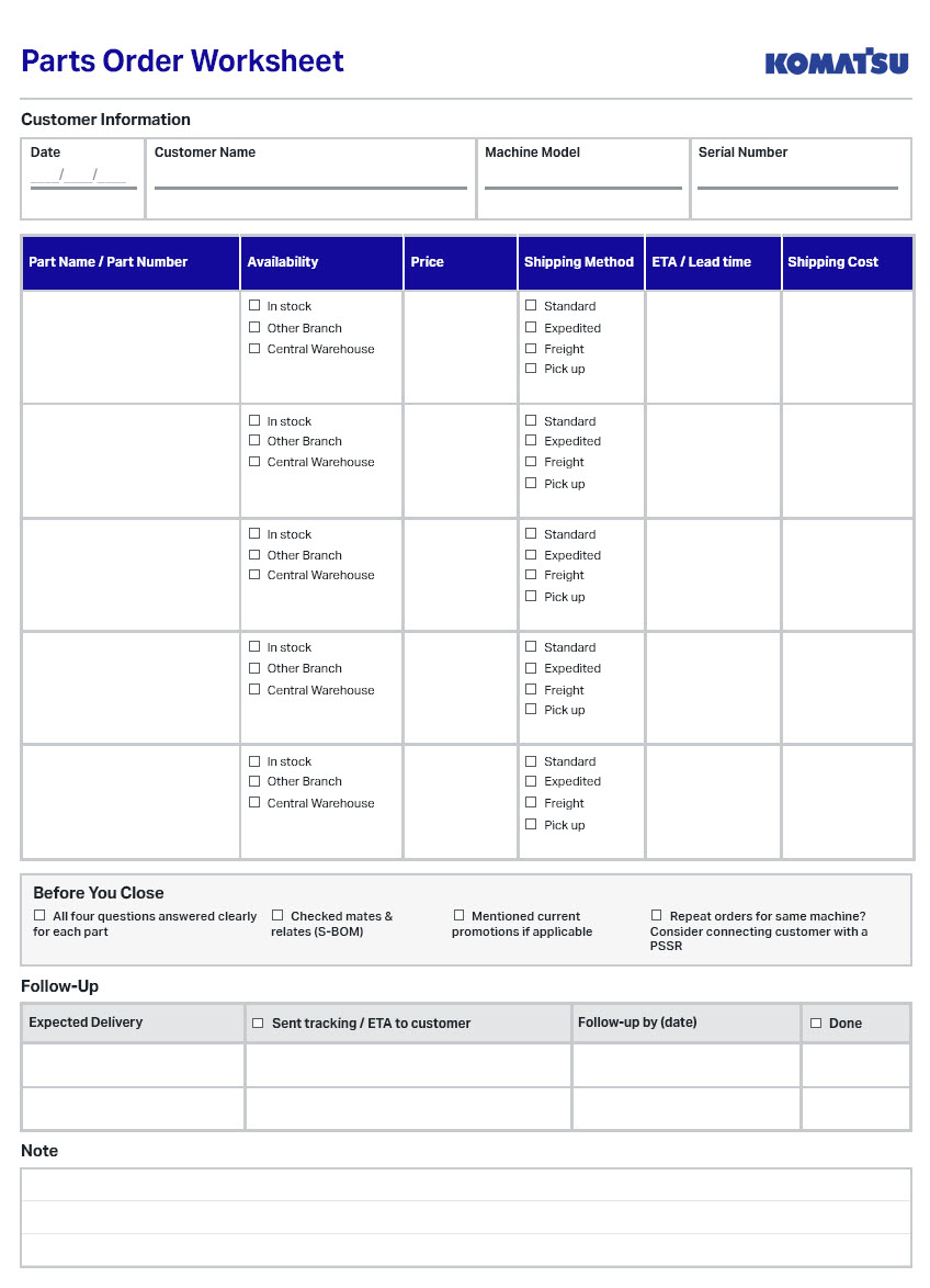 Parts Order Worksheet image
